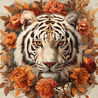 White Tiger with Orange Flowers - Diamond Painting