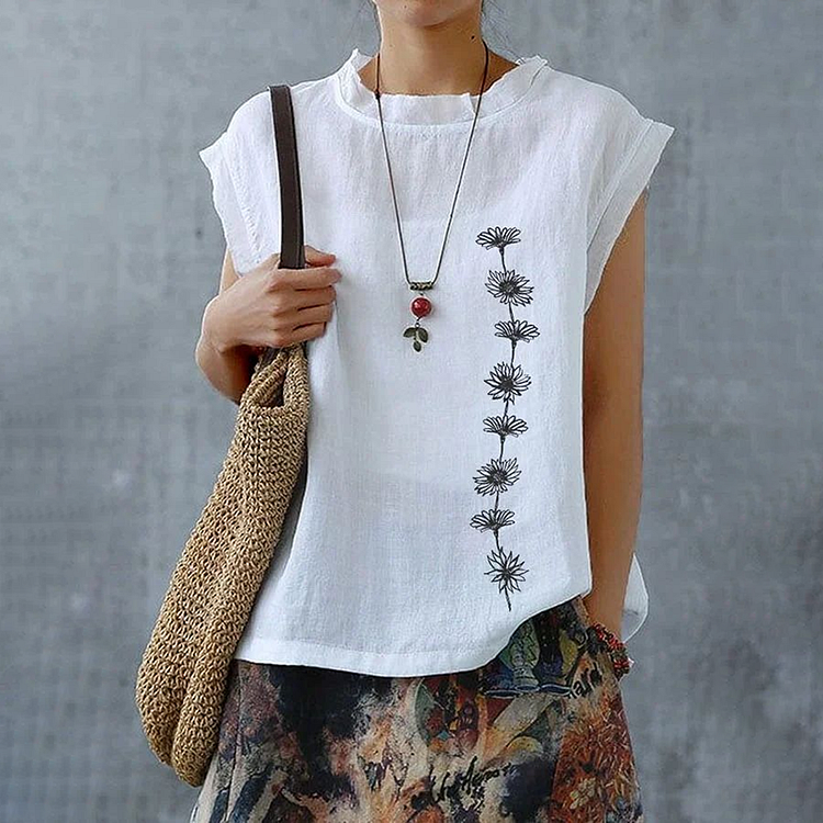 Women's Bohemia Ethnic Floral Art Linen V-neek Sleeveless Top