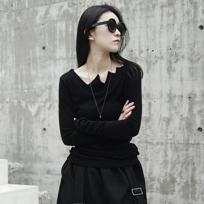 [EAM] 2021New Spring Autumn  Black Long Sleeve Asymmetrical Collar Wild Slim Bottoming Shirt Women Fashion Tide Tops LA922