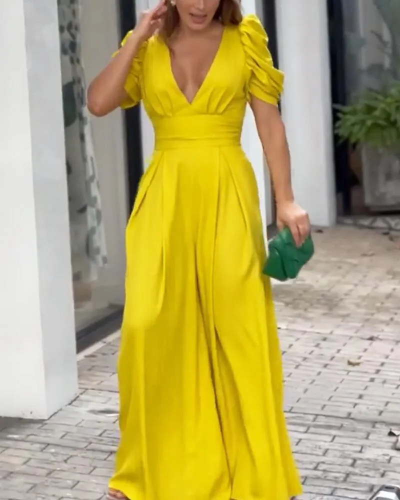 Solid V-Neck Short Sleeve Jumpsuit