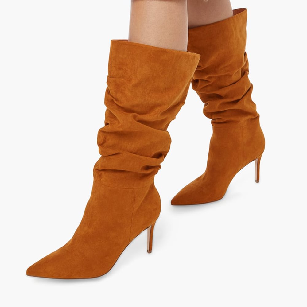 Orange Suede Pointed Toe Stiletto Heel Mid Calf Boots