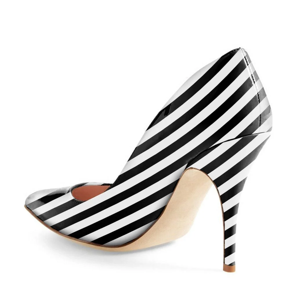 Black & White Stripes Patent Leather Pointed Stiletto Heel Pumps 