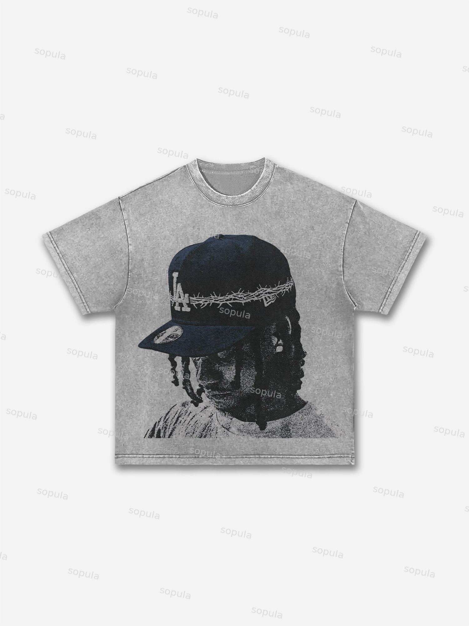 Vintage Street Portrait Graphic Print Acid Wash T-shirt - Sopula｜Premium Graphic Tees & Graphic Clothing
