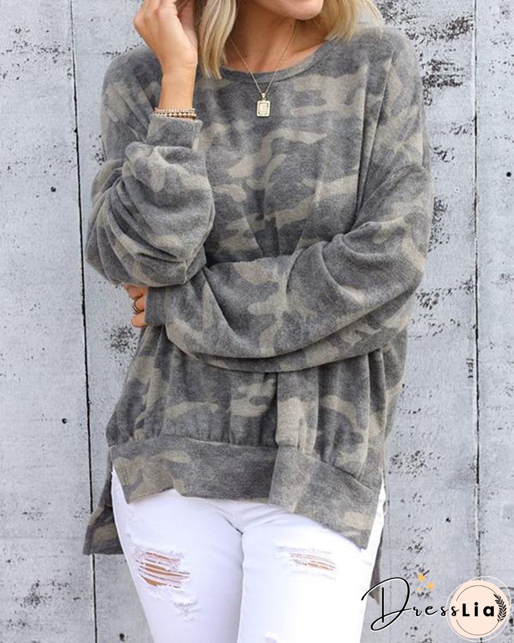 Women Casual Camo Print Loose Fit Sweatshirt