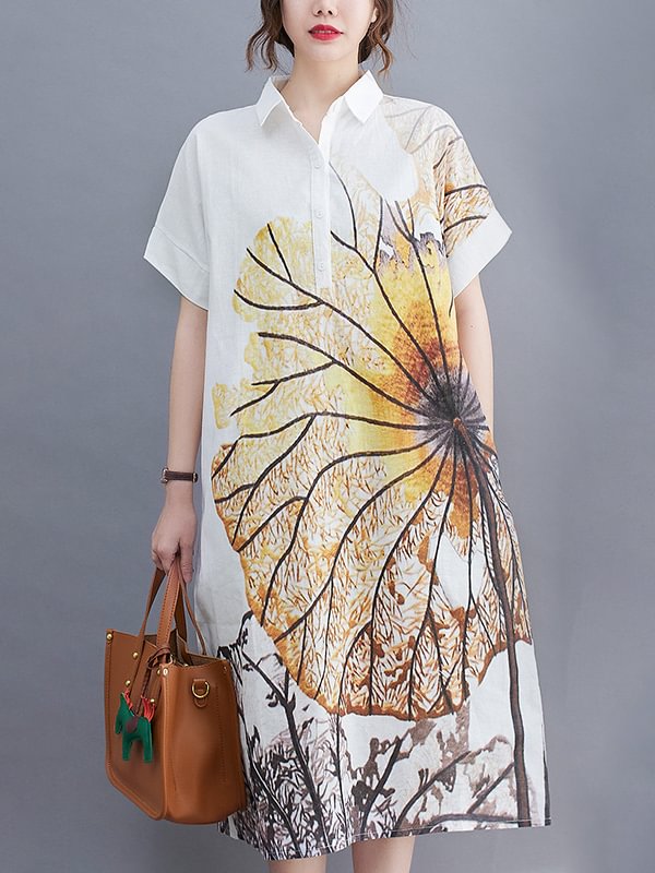 Artistic Retro Floral Printed Buttoned Lapel Collar Short Sleeves Midi Shirt Dress