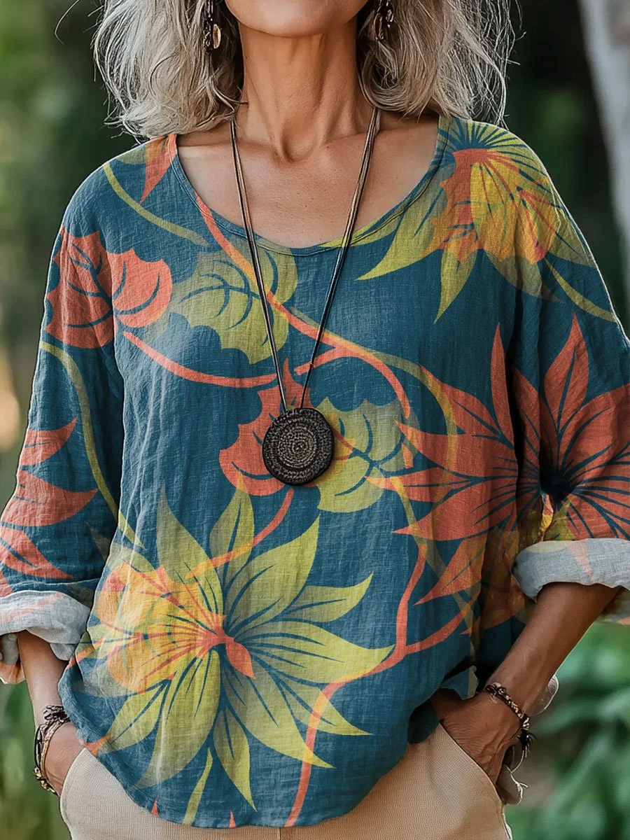 Women's Vintage Flower Art Print Casual Cotton And Linen Shirt