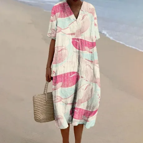 Women's Pink Whale Pattern  Art Print Flowy Dress