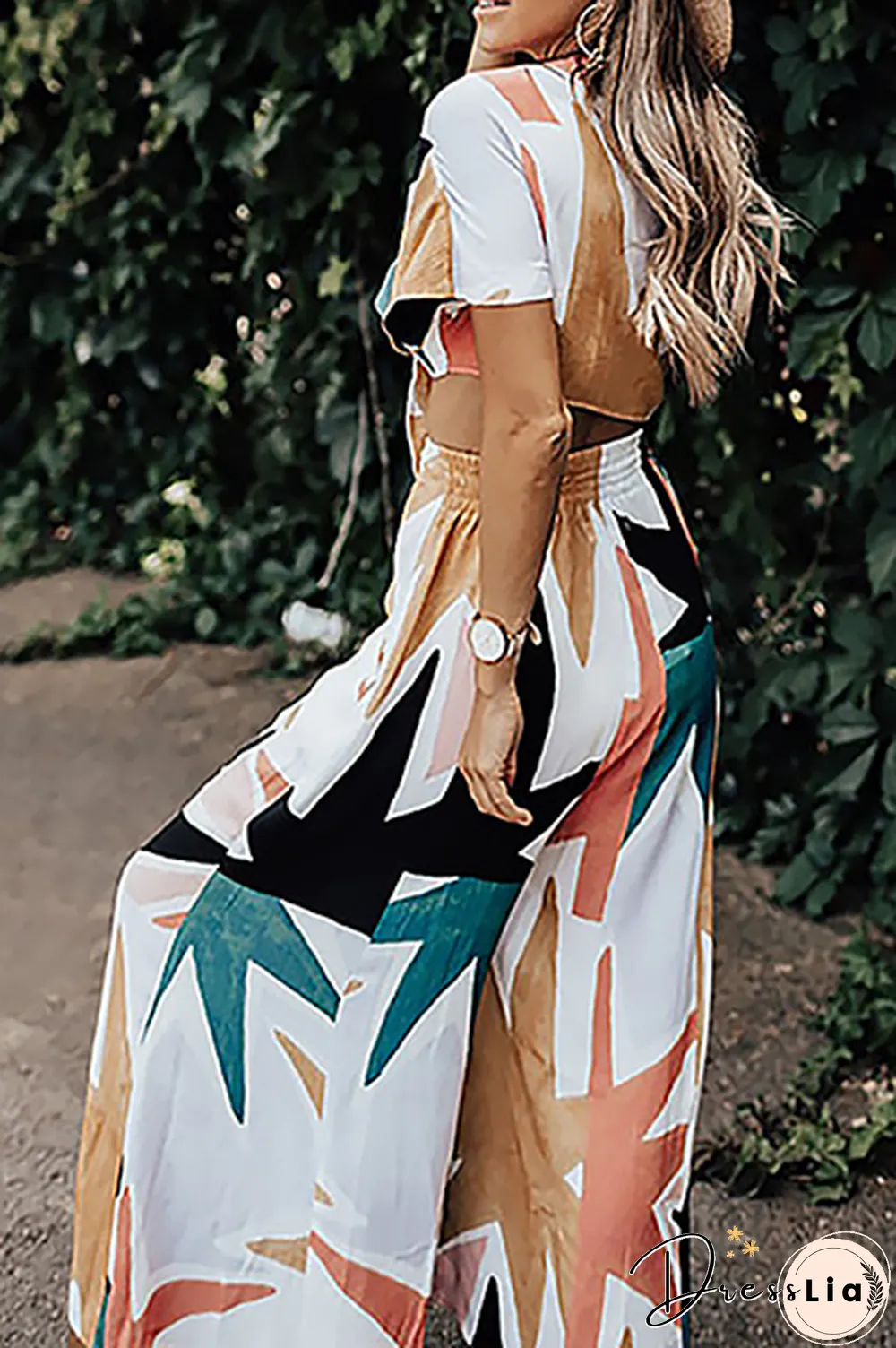 Fashion Casual Print Split Joint Strap Design V Neck Short Sleeve Two Pieces