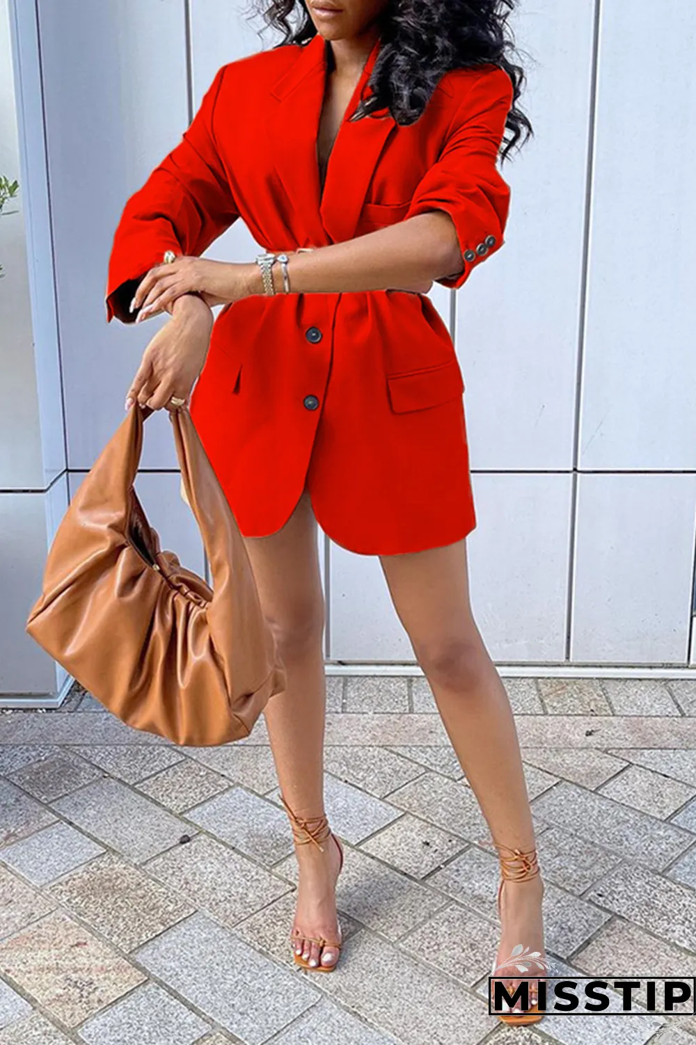 Red Casual Solid Patchwork Turndown Collar Outerwear without belt