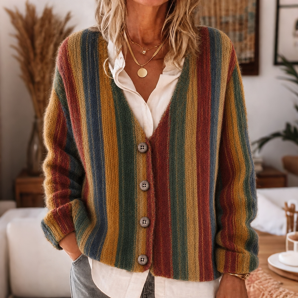 Comstylish Women's Retro Colorful Striped Pattern Art Casual Knit Cardigan