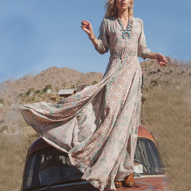 V-neck Cropped Elastic Waist Front Split Boho Maxi Dress
