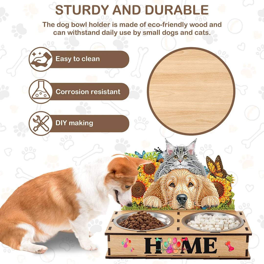 Diamond Painting Food Bowl with Wood Stand Diamond Art Dog Bowl for Small Dogs