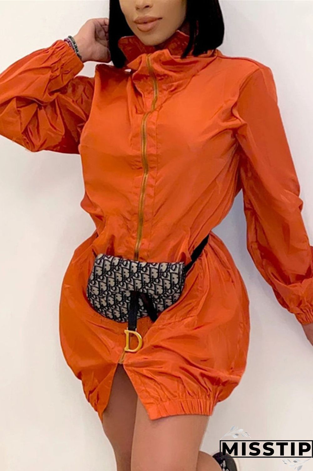 Orange Casual Solid Patchwork Pocket Zipper Collar Long Sleeve A Line Dresses