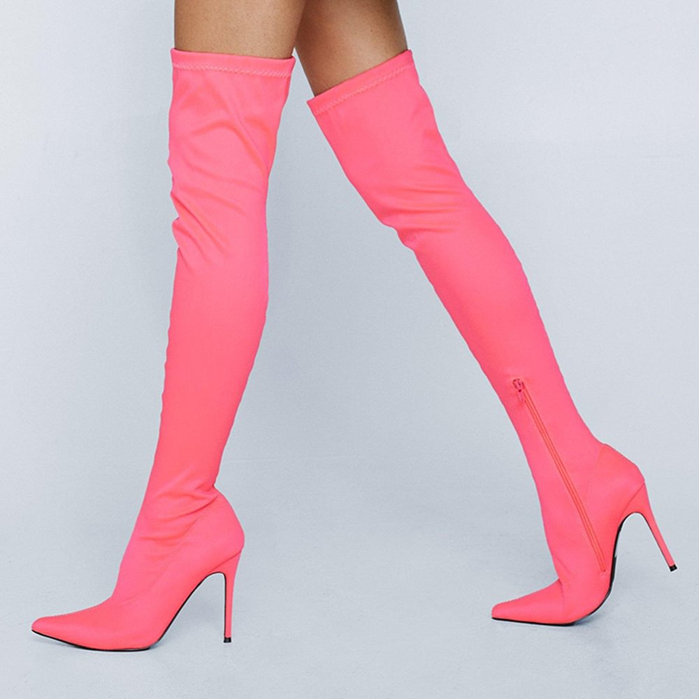 Pink Pointed Toe Satin Over The Knee Zipper Stiletto Heel Boots Nicepairs