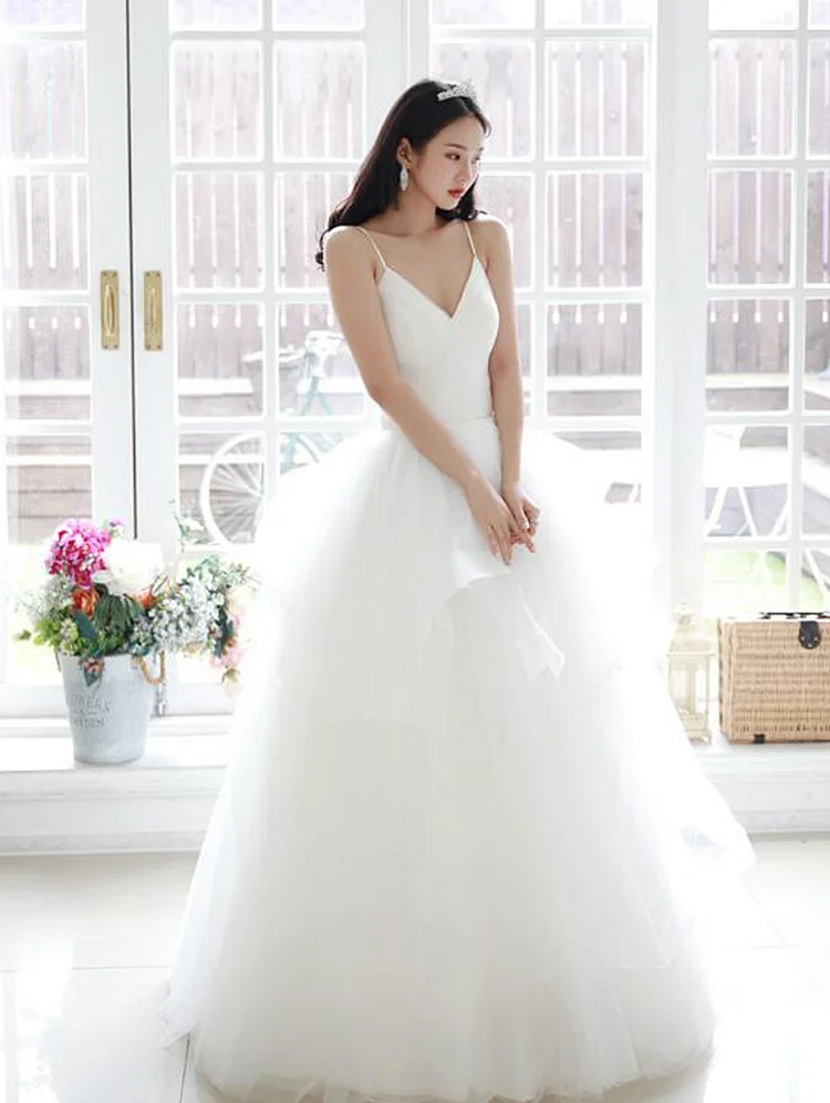 Sexy V Neck Tulle Simple Spaghetti Strap Ball Gown Backless Bride Dresses