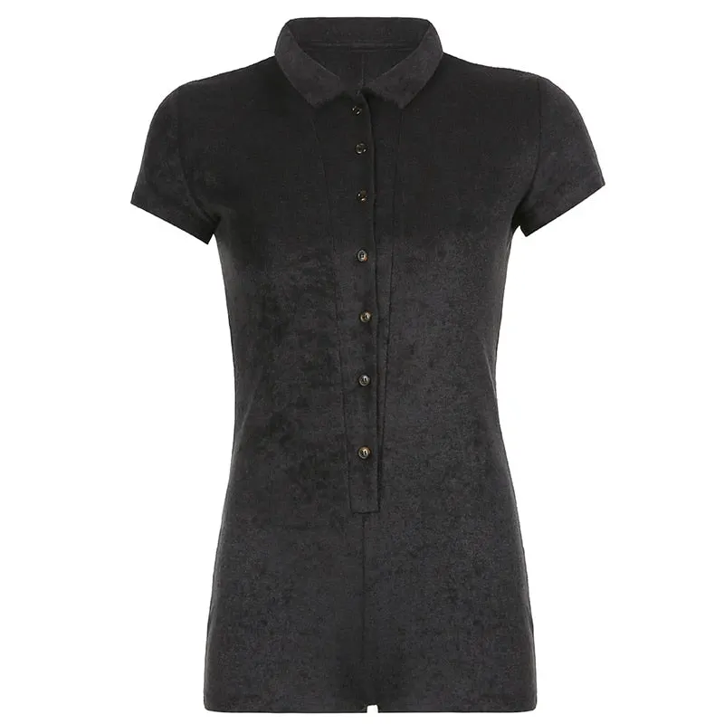 Rapcopter Solid Playsuits Single-Breasted Short Sleeve Bodysuits Vintage Biker Overalls Women Turn Down Collar Jumpsuits Rompers