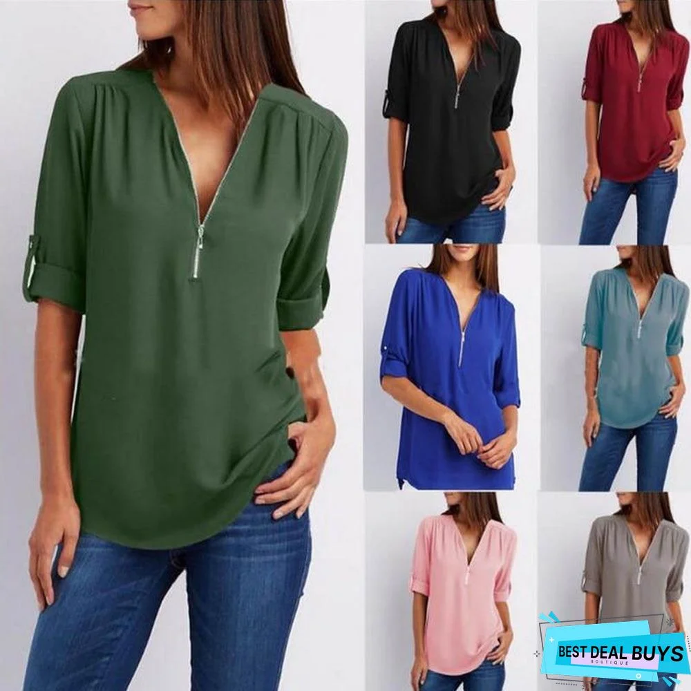 Zipper Short Sleeve Women Shirts Sexy V Neck Solid Casual Tee Shirts Tops Blouses Plus Size