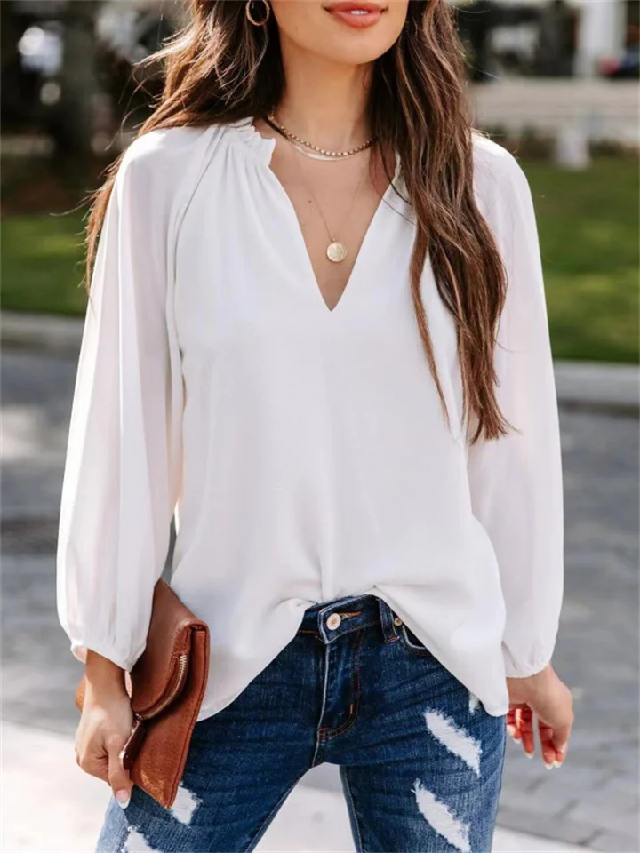 Women's Blouse Shirt Solid Colored Long Sleeve V Neck Tops Chiffon Streetwear Basic Top White-828
