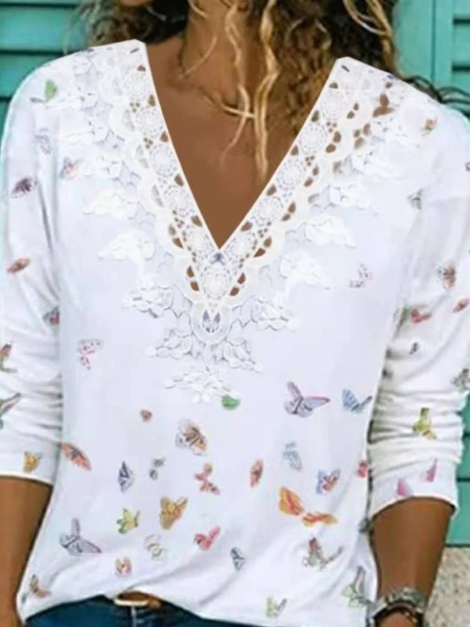 Stylish Lace Patchwork Butterfly Print Top