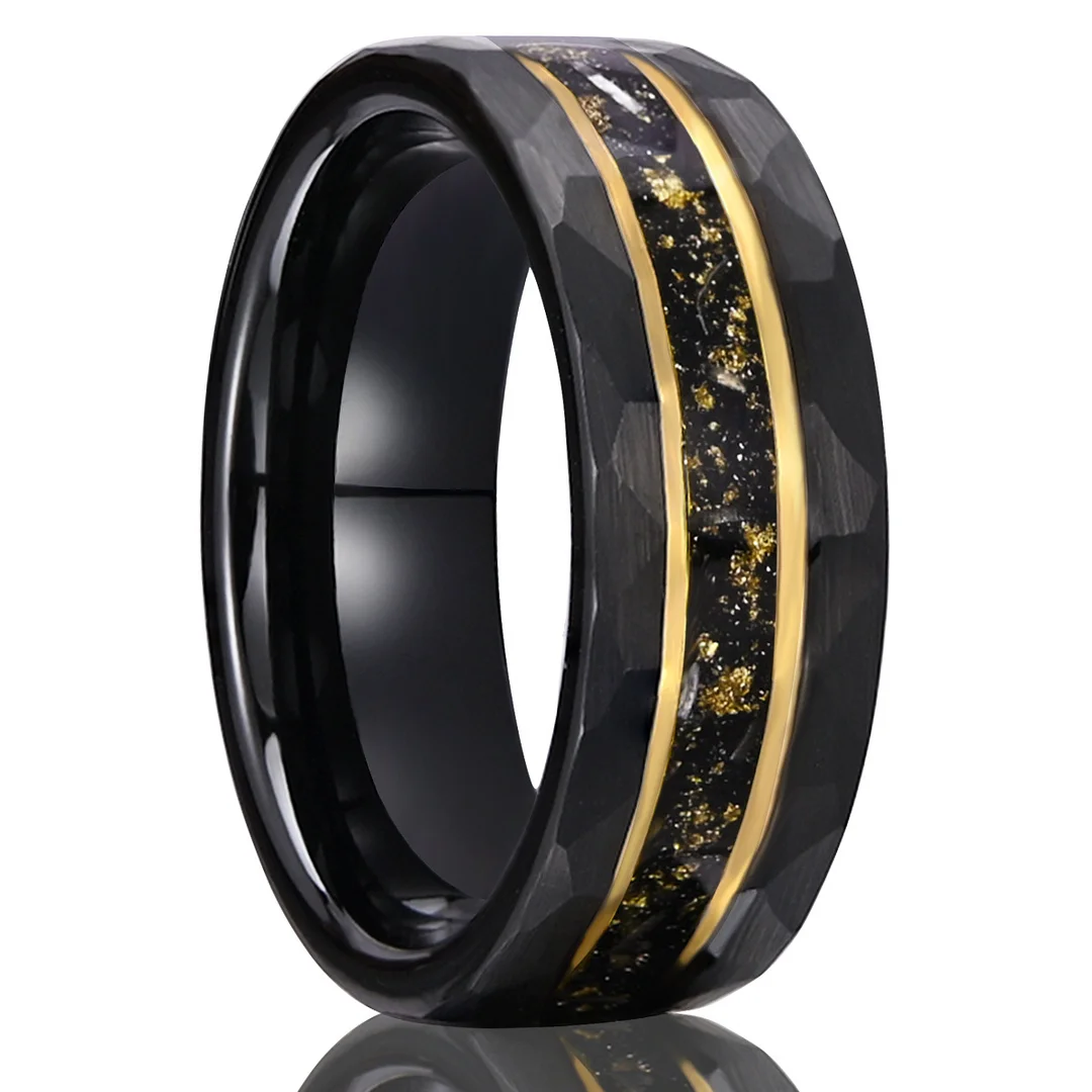 8MM Opel Men Tungsten Carbide Rings Fragments of Gold Foil and Meteorite Wedding Bands