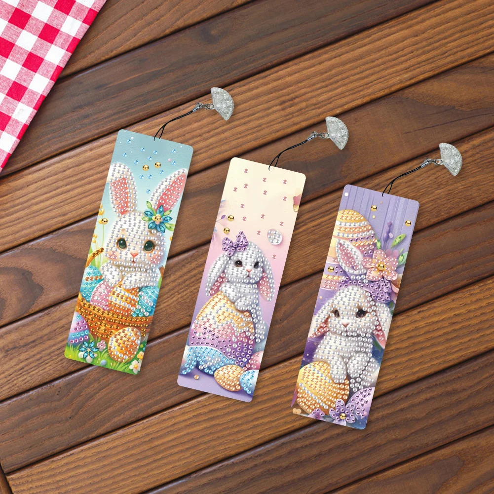 5D DIY 3Pcs Easter Rabbit Special Shape Diamond Painting Bookmark Making Kit