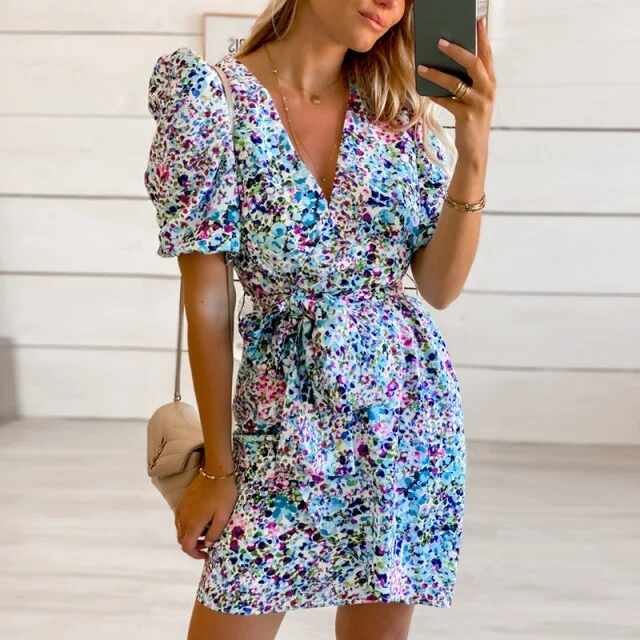 Women Puff Sleeve Flowers Print A Line Sashes Mini Dress