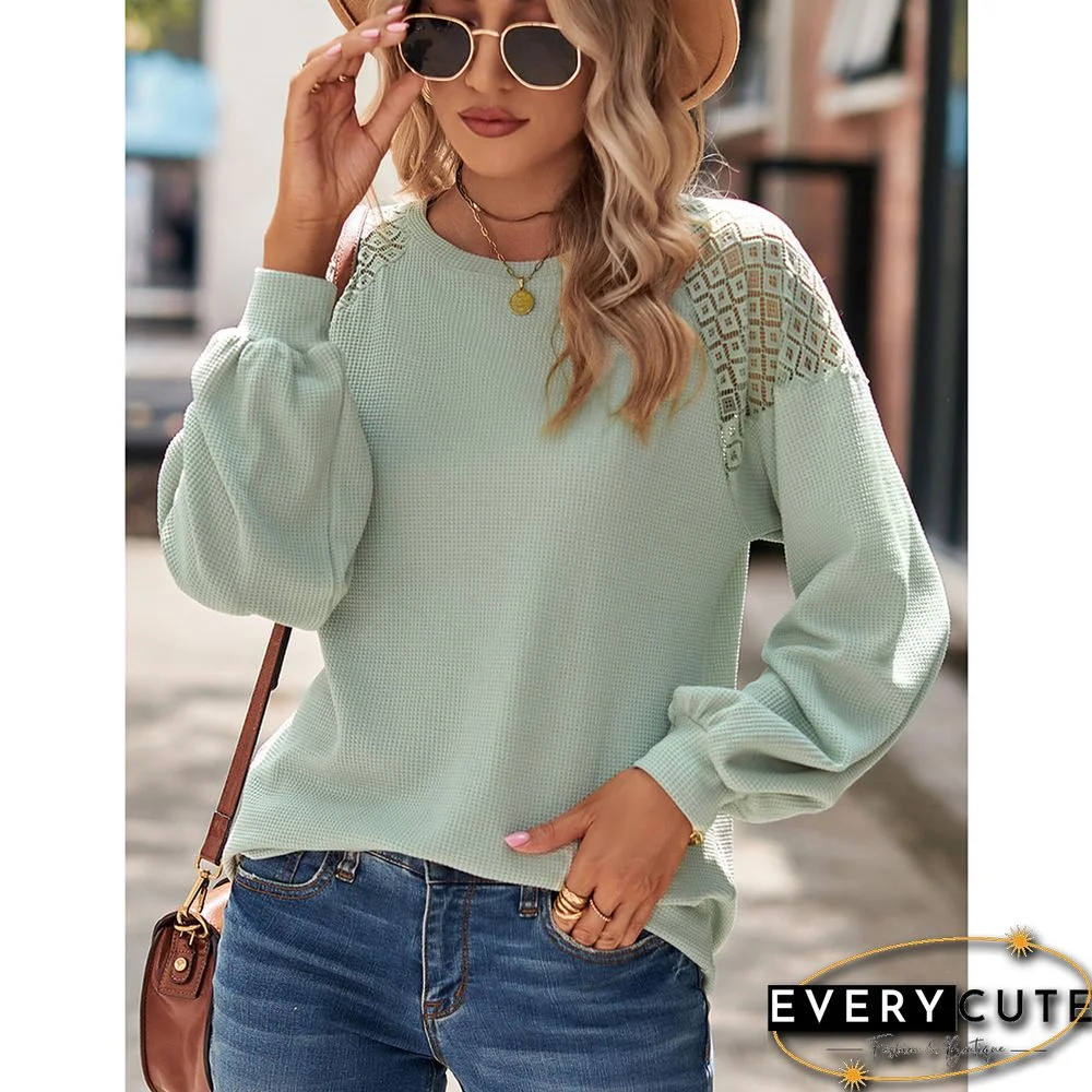 Pea Green Waffle Splicing Lace Round Neck Long Sleeve Tops