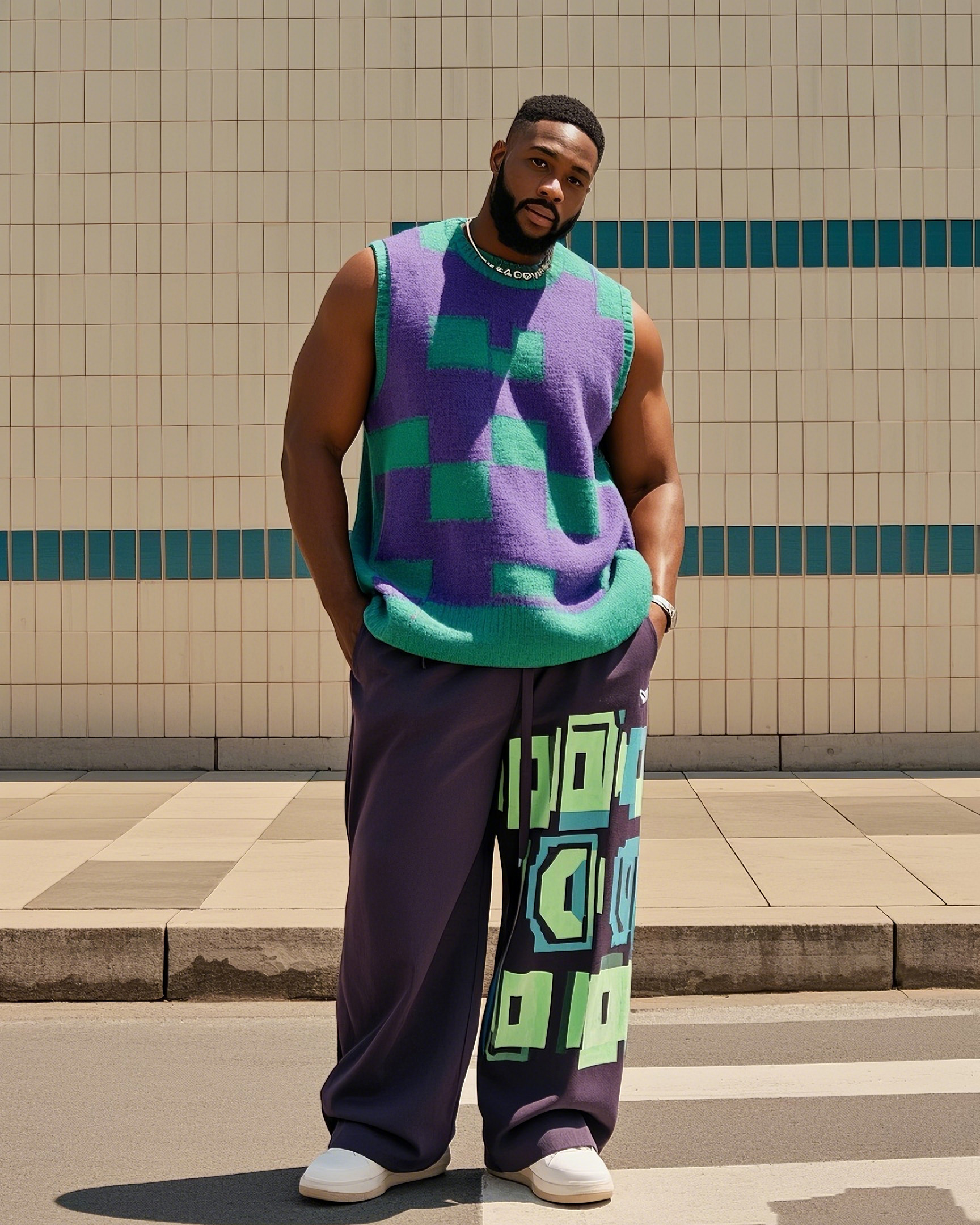 Big Boy Square Plaid English Creative Printed Colorblock Vest Trousers Suit
