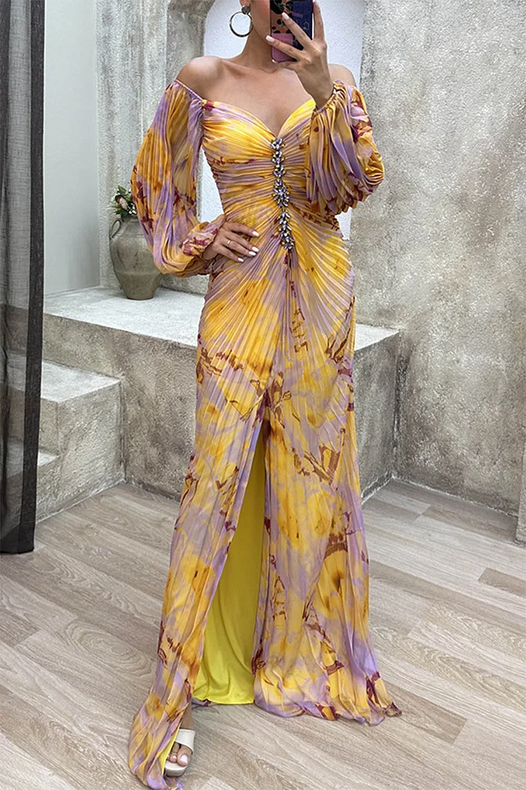 Semi Formal Yellow Floral Print Pleated Off The Shoulder Puff Sleeve Slit Maxi Dress