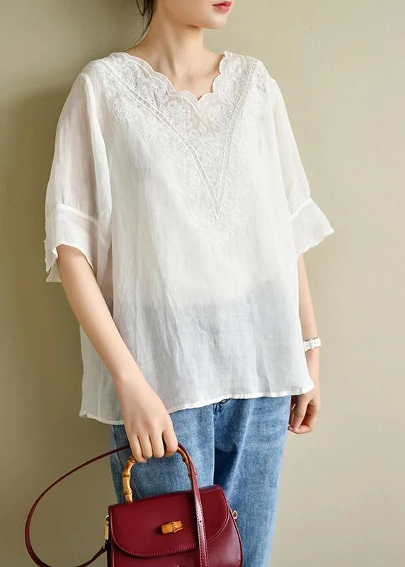 Casual White Lace Linen Short Sleeve Blouses