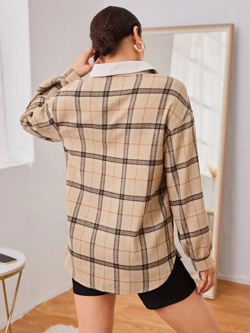 Women Colorblock Cardigan Plaid Women's Shirt Jacket