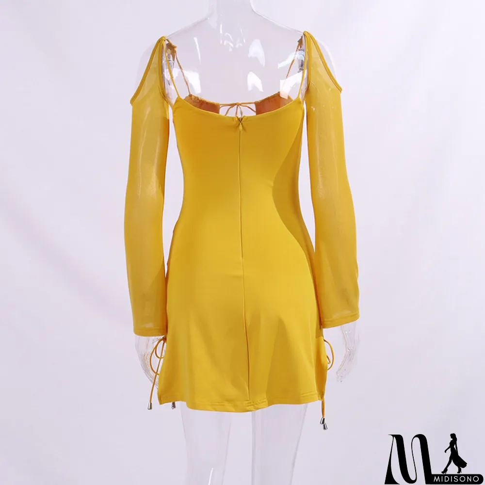MidiSono - Women Long Sleeve Lace Up Hollow Out Long Sleeve Dress