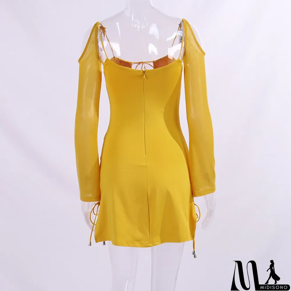 MidiSono - Women Long Sleeve Lace Up Hollow Out Long Sleeve Dress