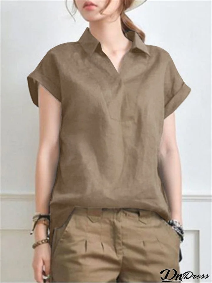 Summer Elegant V-neck Short Sleeve Office Cotton Blouses for Lady