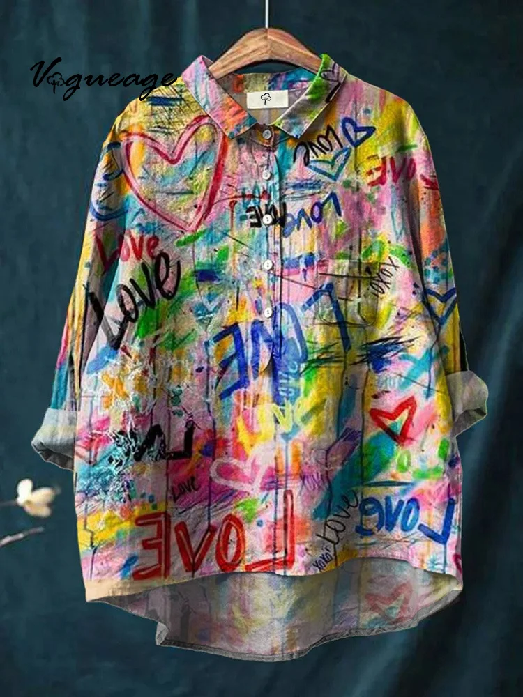 Colorful Graffiti Letters Print Cotton And Linen Shirt
