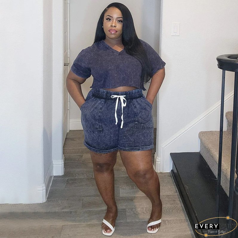 Plus Size Women Print Stretch Short Sleeve Top and Shorts Casual Two Piece Set