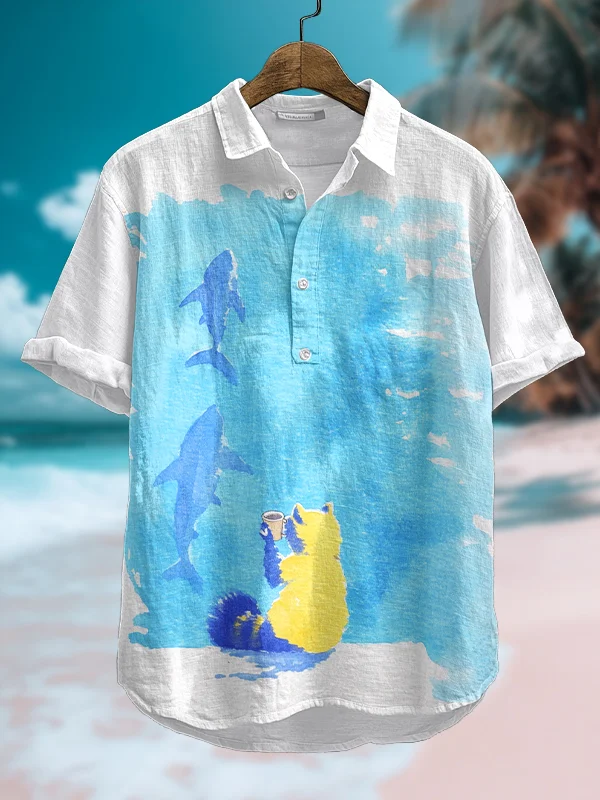 Men's Raccoon Drinking Coffee Shark Watercolor Art Print Shirt