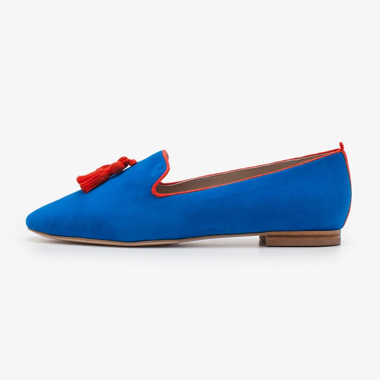 Royal Blue Vegan Suede Loafers for Women Pointy Toe Flats with Fringe |FSJ Shoes