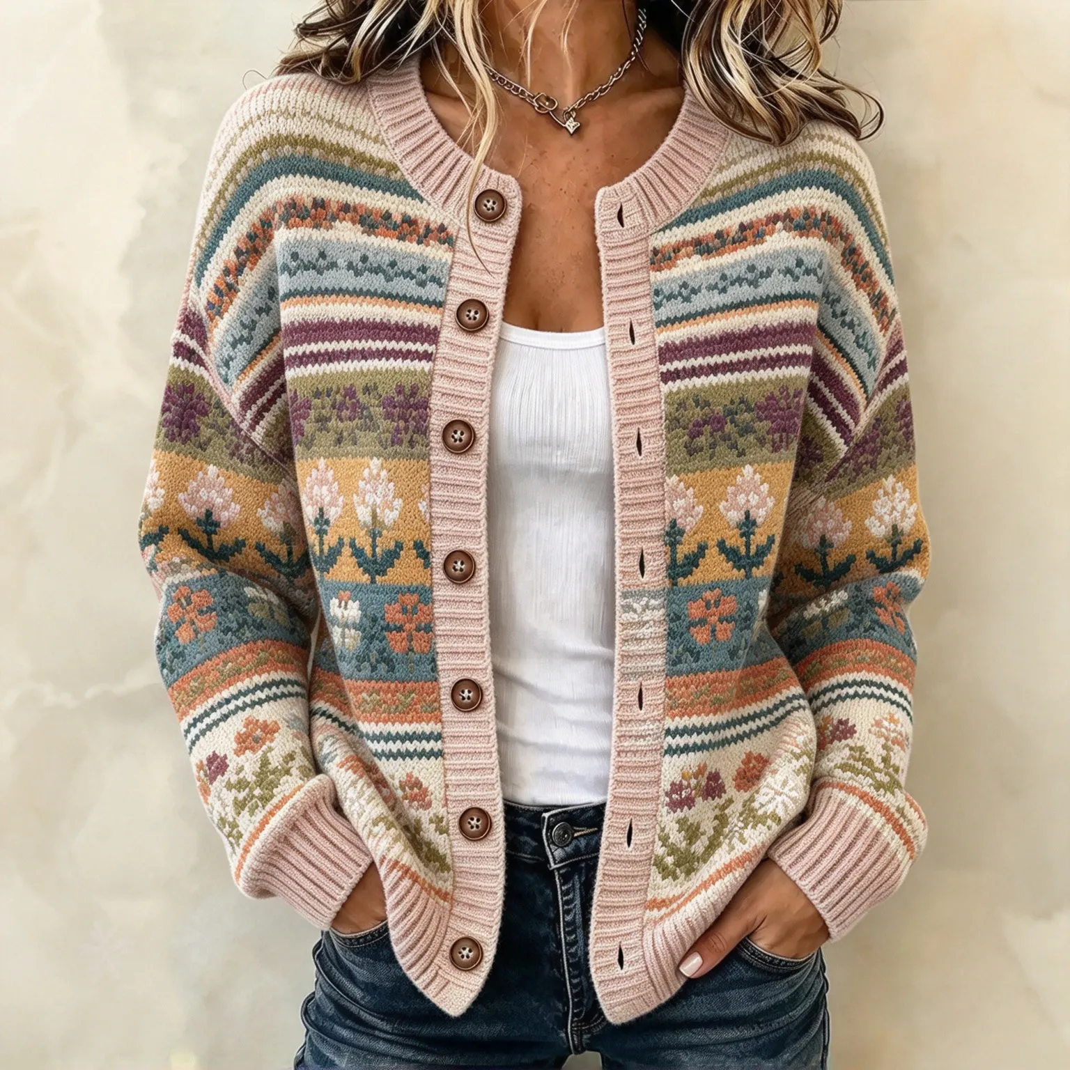 Comstylish Women's Vintage Floral Print Knit Cardigan Sweater