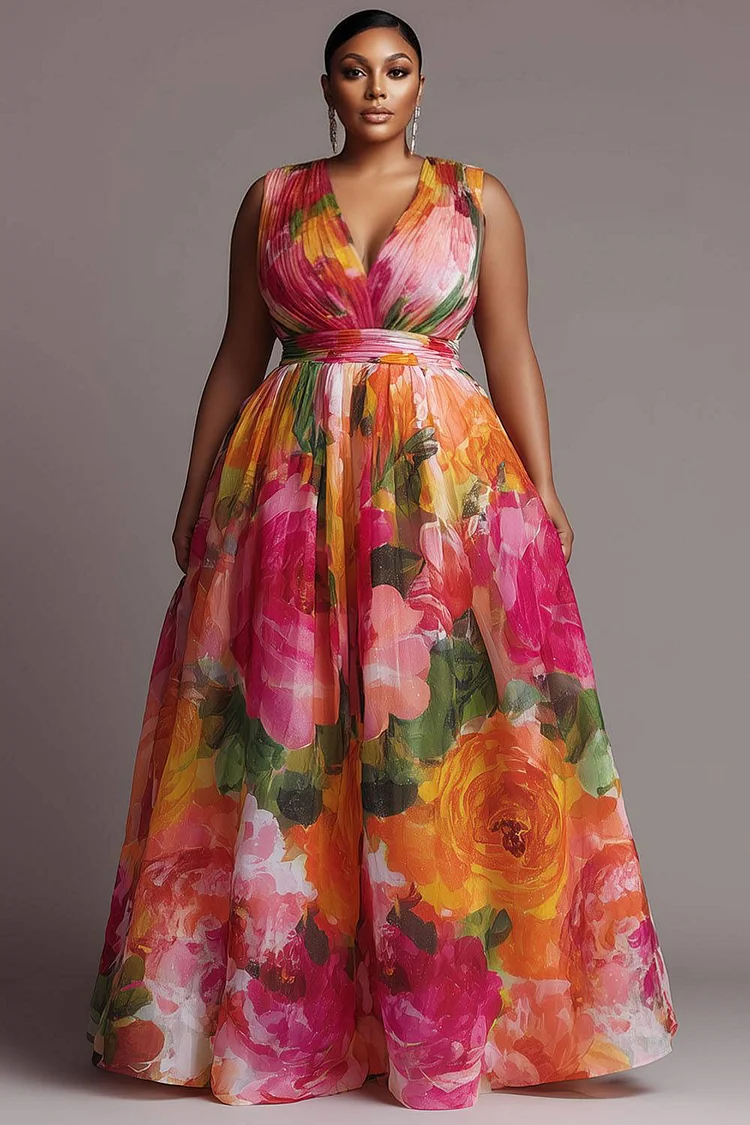 Xpluswear Design Plus Size Formal Multicolor Floral V Neck Maxi Dresses [Pre-Order] 2024 - Xpluswear