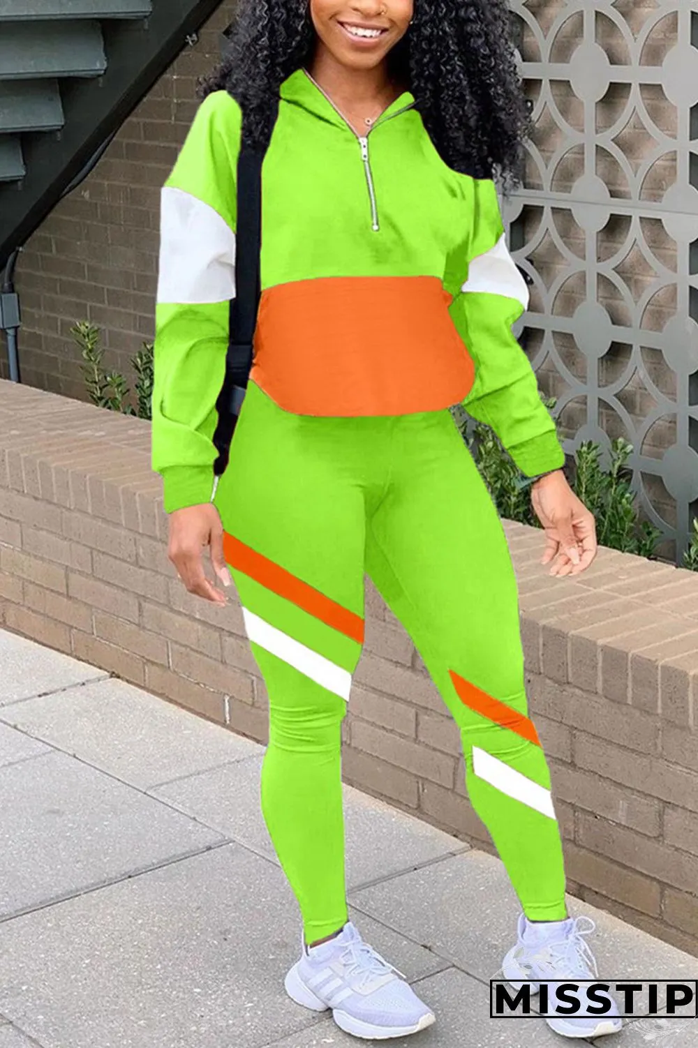 Orange Casual Sportswear Long Sleeve Zipper Collar Regular Sleeve Regular Patchwork Two Pieces