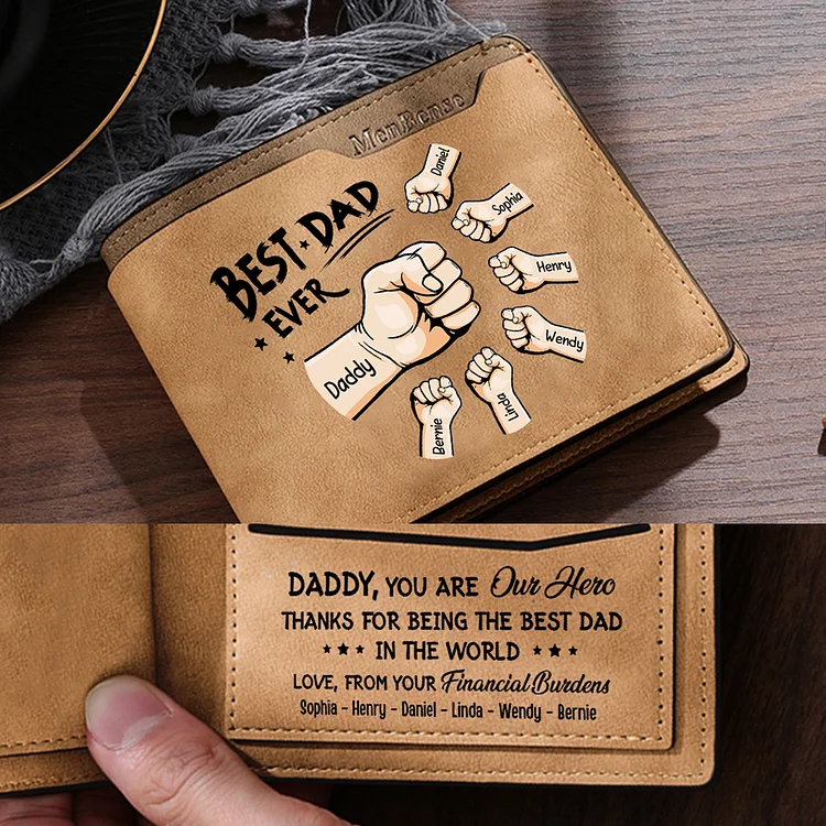 7 Names - Personalized Fist Bump Pattern Custom Text Leather Men's Wallet as a Father's Day Gift for Dad