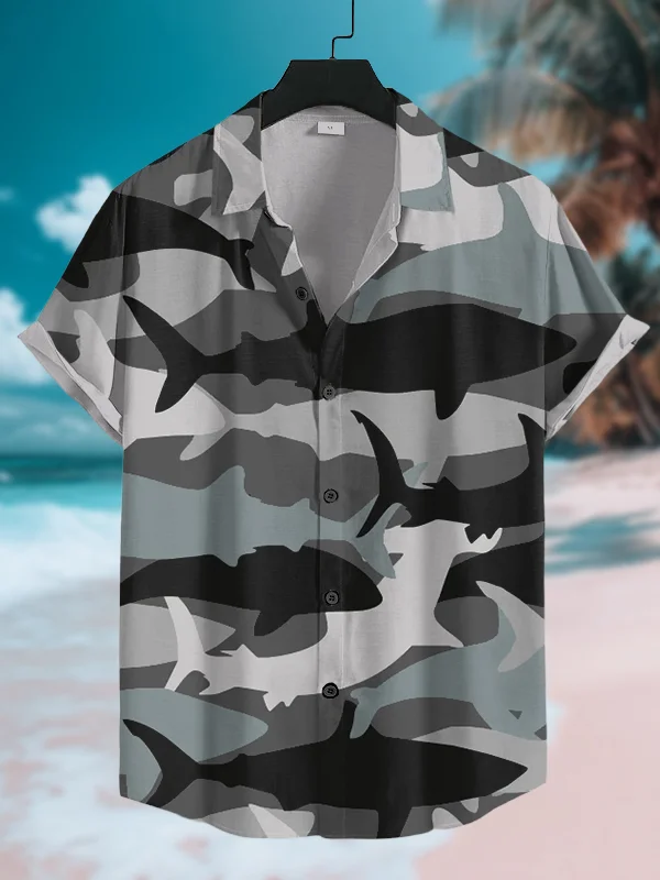Men's Camouflage Shark Art Pattern Vacation Shirt