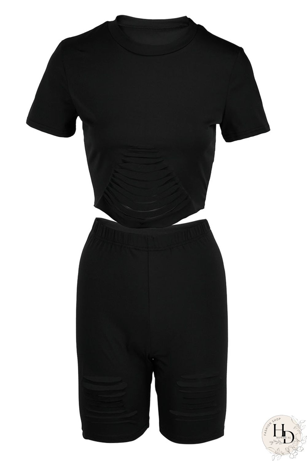 Black Sexy Solid Hollowed Out Split Joint O Neck Short Sleeve Two Pieces