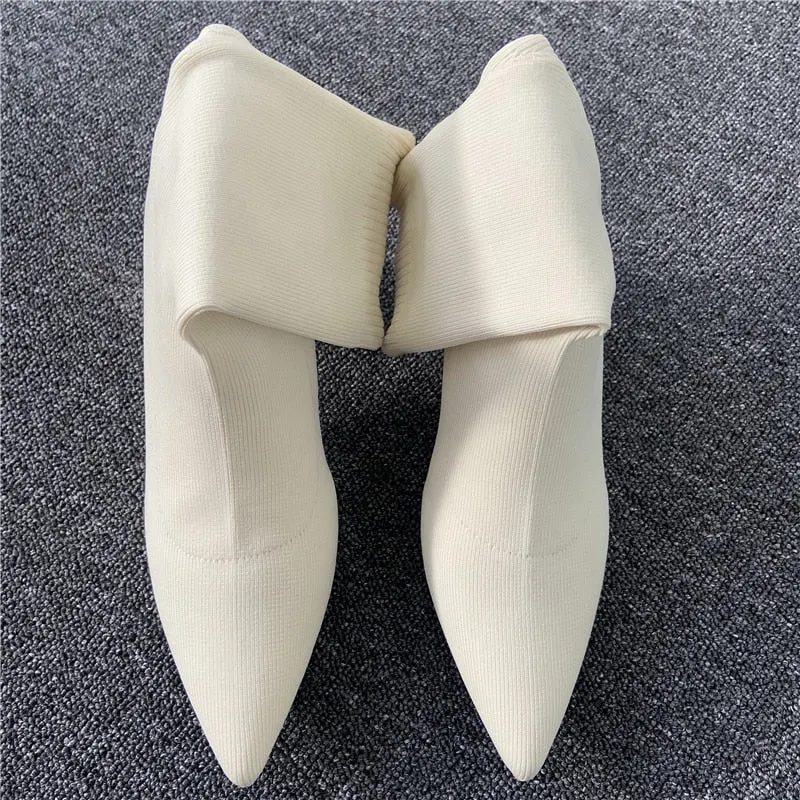 2022 Women Stretch Knitted Sock Boots 7cm 9cm High Heels White Ankle Boots Stripper Low Block Heel Lady Warm Winter Chunky Shoes