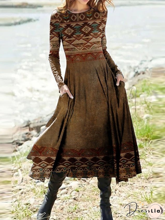 Casual Dress Ethnic Dress Swing Dress Midi Dress Yellow Long Sleeve Geometric Pocket Winter Fall Autumn Crew Neck Vacation Winter Dress Fall Dress S M L XL XXL 3XL for Women