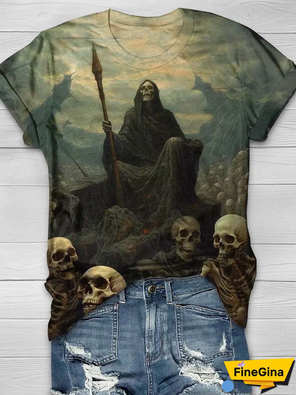 Women's Casual Grim Reaper Skull Print Short Sleeve T-Shirt