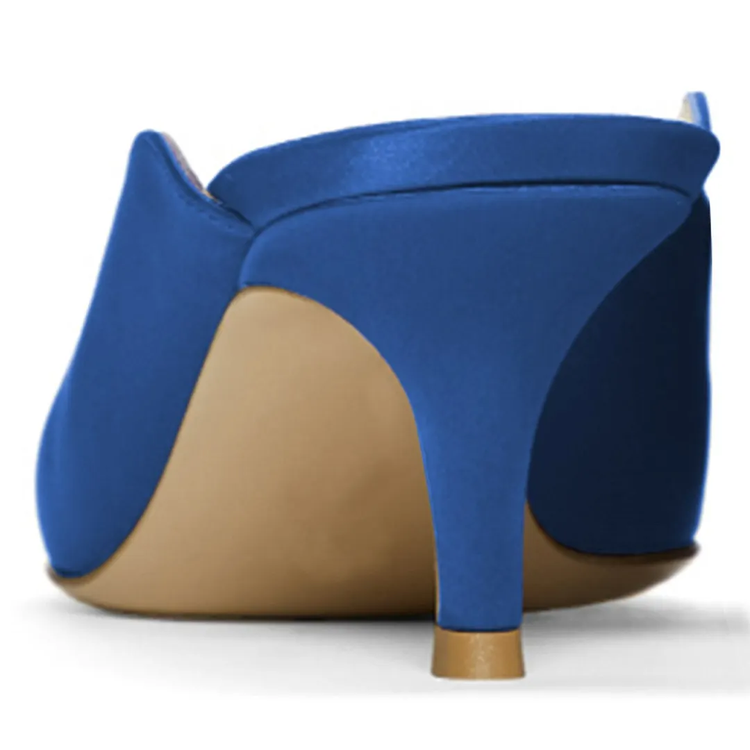 Blue Satin Kitten Heel Classic Mules Shoes with Pointed Toe