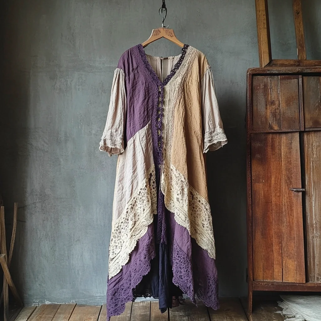 Vintage Lace Patchwork Linen Women's Long Dress