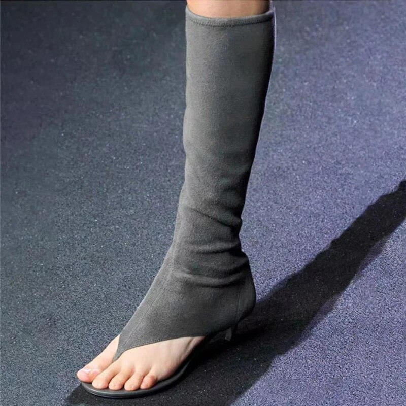 VCSHOES Open Toe Pinch Toe Stretch Cat Heel Boots Woman Black Knee-High Side Zipper Shoes For Women